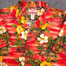 Vintage RJC Hawaiian Camp Shirt Mens L Red Ocean Island Boats Floral Made In USA