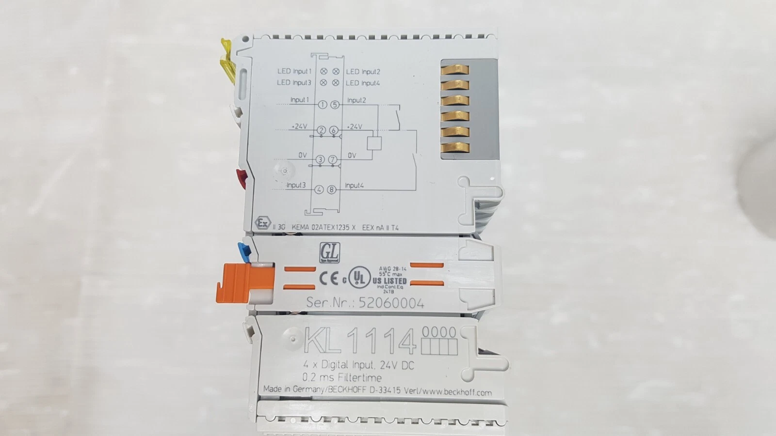 KL1114 side label: 4 x Digital Input 24V DC, 0.2 ms, wiring diagram, CE, UL, ATEX