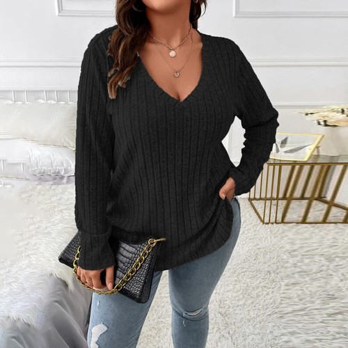 Plus Size 28 Womens Ribbed Jumper Tops Ladies V Neck Solid Casual Shirt Pullover - Picture 40 of 85