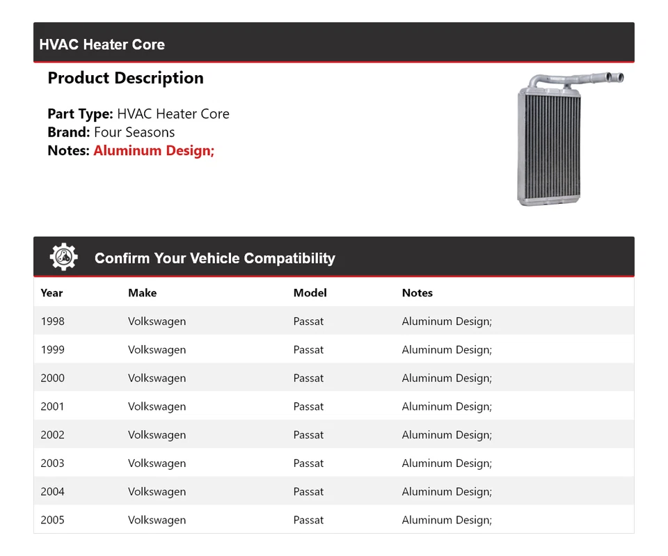 Núcleo de calefacción de climatización para Volkswagen Passat 1998-2005 4 estaciones 1999 2000 2001 2002 Foto 2 de 4