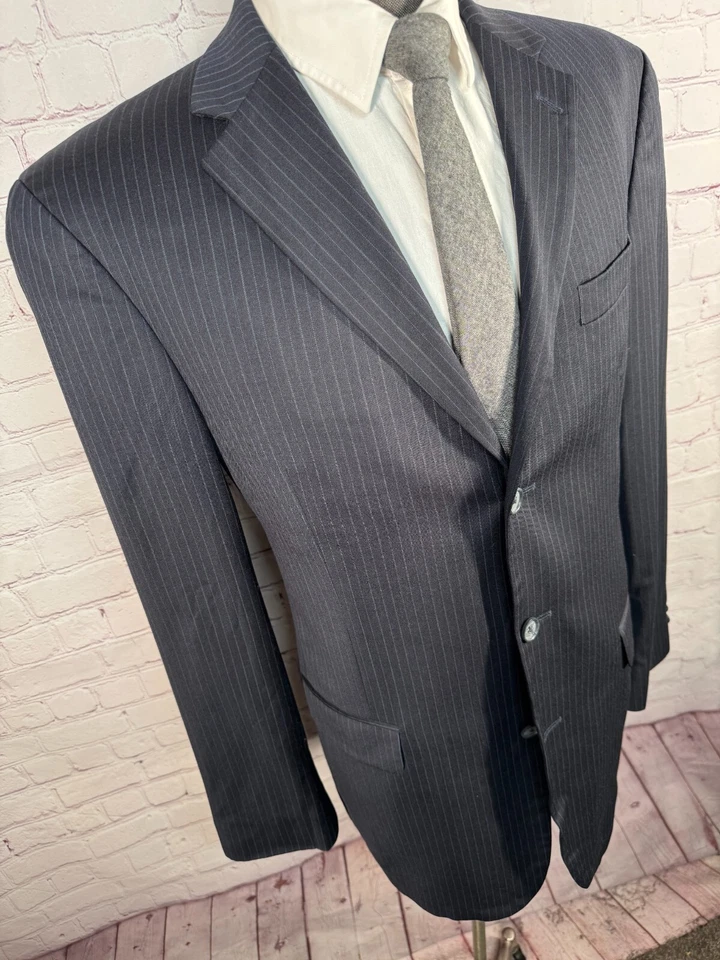 STAFFORD Mens Navy Blue Wool Pinstripe Pleated 2 Pc Suit 40L Jacket 36x32 Pant - Image 4 of 4
