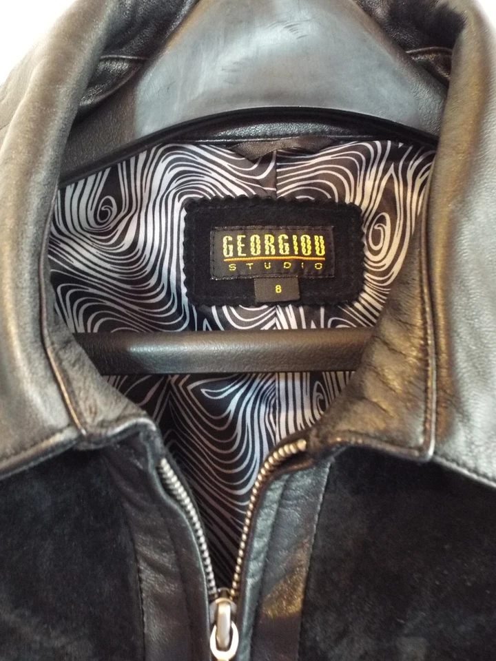 Georgiou Studios Black Leather & Suede Car Short Coat Belted Size 8 - Image 2 of 4