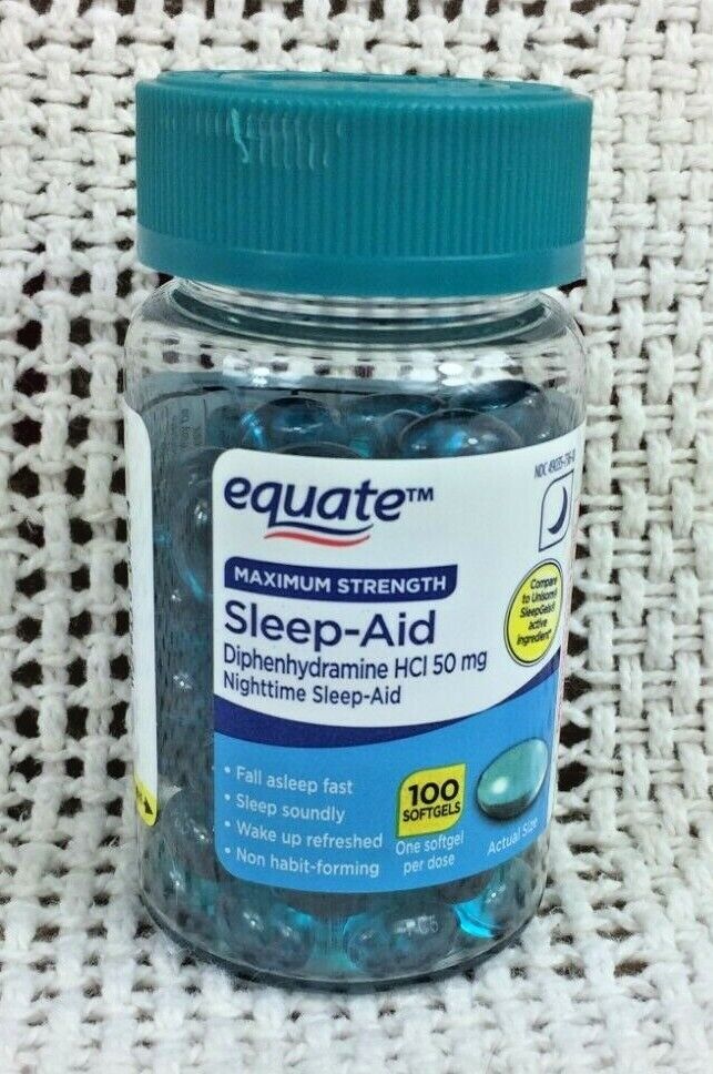 Equate Sleep Aid Softgels Maximum Strength 100 Count Diphenhydramine HCI