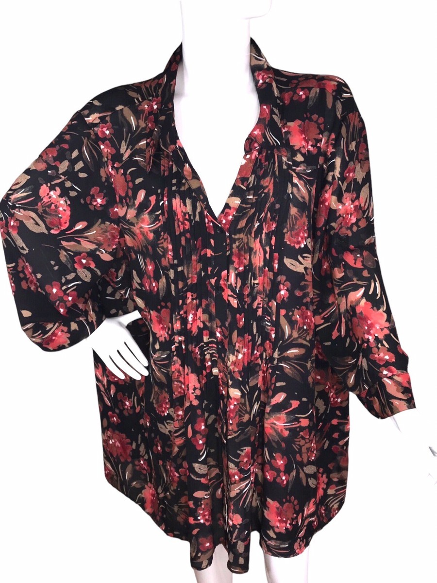 Catherine's 3X 26/28W Art-to-Wear Red Black Floral Pin-Tuck Button