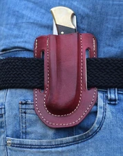 CUSTOM HANDMADE LEATHER GENIUNE VERTICAL SHEATH FOLDING POCKET KNIFE BUCK 110