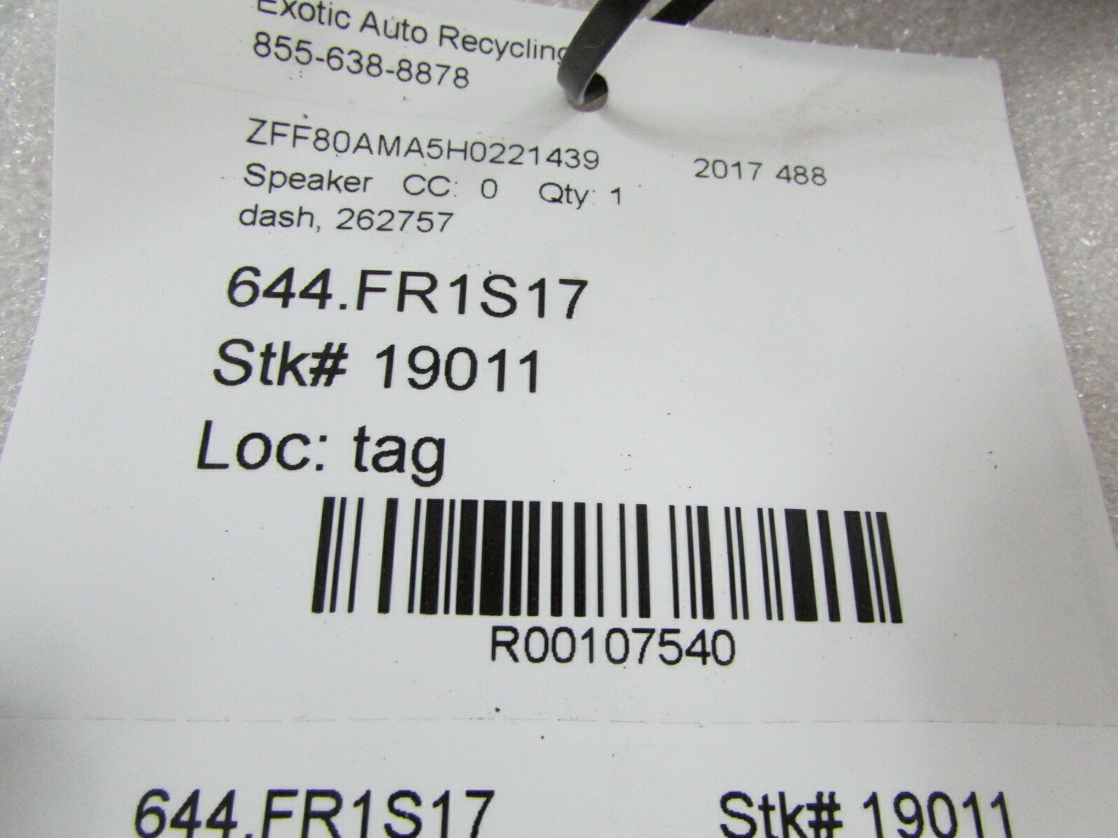 Ferrari 488, California T, FF, Dash Speaker, HI FI Version Used, P/N 262757
