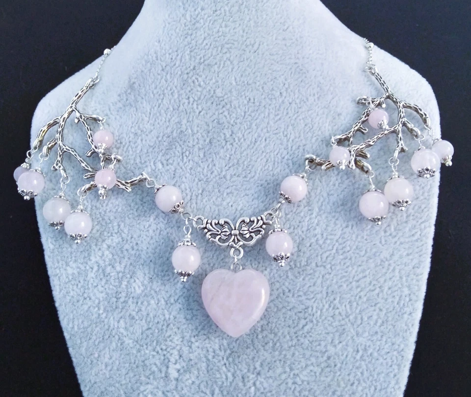 Rose Quartz Heart & Tibetan Silver Branch Necklace. Handmade In Gift Purse Foto 2 de 4