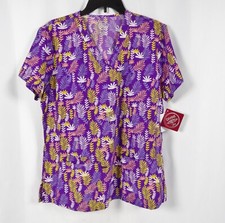 Divine Stretch by JDM Scrub Top NWT V Neck Purple with Leaf Print