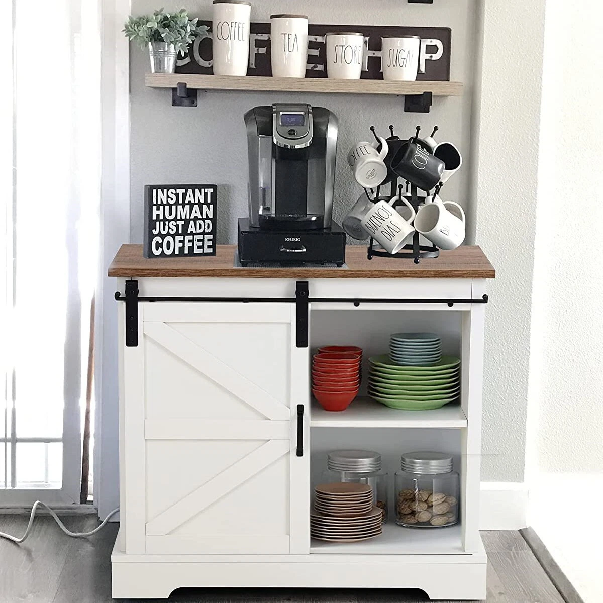 Coffee Bar Cabinet Buffet & Sideboard Kitchen Storage Cabinet w/ Sliding  Door US