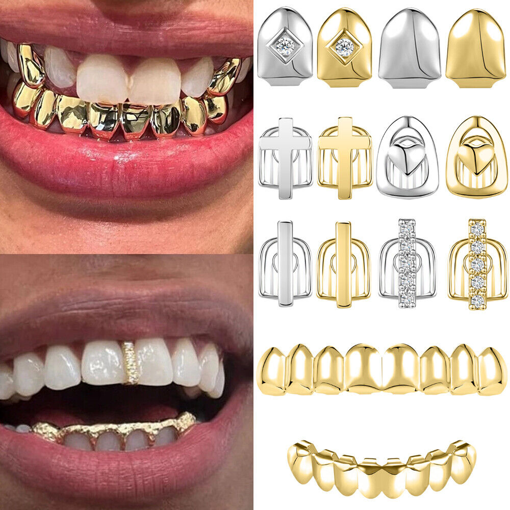 Huliyhus 2 Pcs 18K Gold Plated Double Tooth Cap Hip Hop Teeth Grillz Vampire Fangs Grills Set For Men Women Party Accessories Teeth Grills (01, Gold