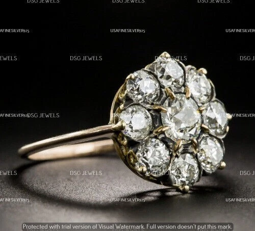 2 CT Moissanite Cluster Flower Vintage Wedding Ring 14K Yellow Gold Plated SZ 6
