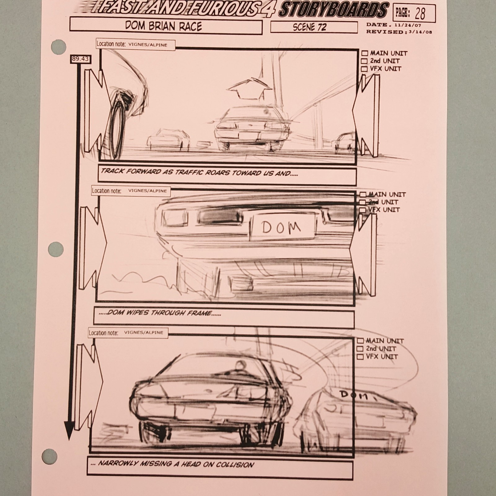 Image 3 of Fast and Furious 4 Production Used Storyboard, Dom Dodges Car, p28 COA