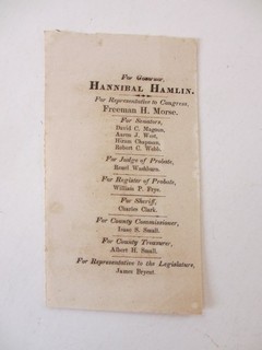 Hannibal Hamlin "For Governor" Maine 1857/ Abraham Lincoln VP Political Ballot