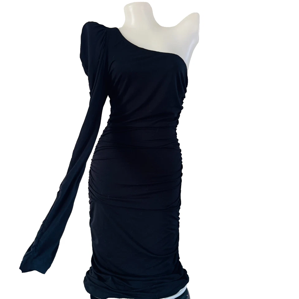 Vestido y2k De Colección BETSEY JOHNSON EE. UU. Negro Acanalado 1 Hombro Años 90 LBD S Foto 2 de 4