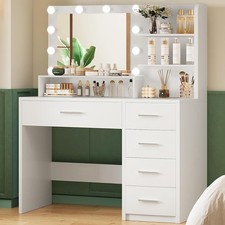 Vanity Desk W/ Mirror & Lights Makeup Vanity W/ 5 Drawers & Storage Shelves