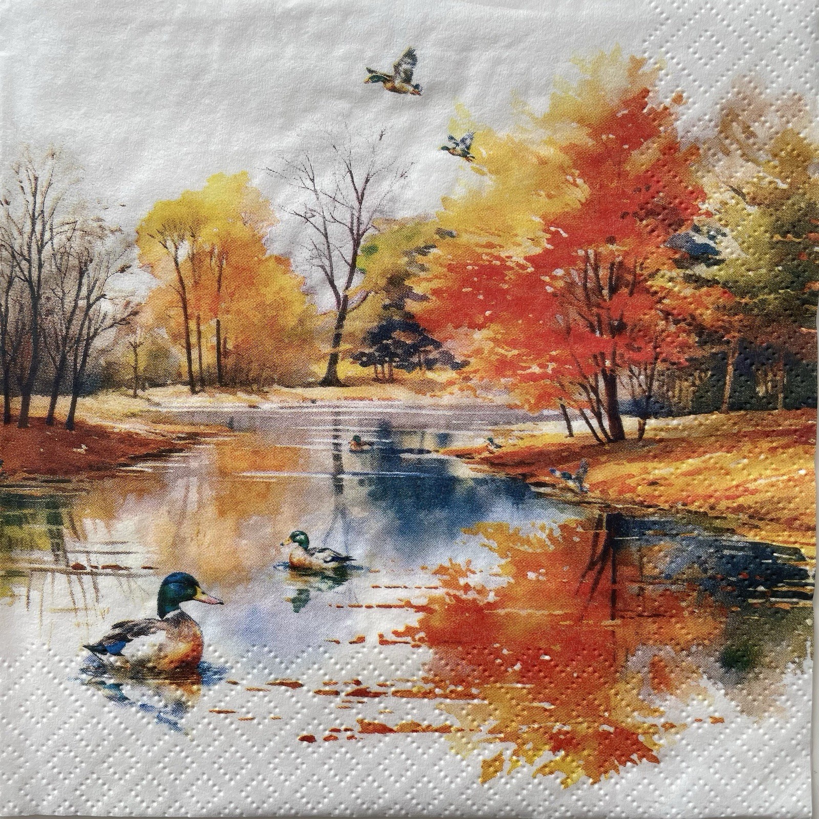 4 Luncheon paper napkins Autumn Lake Mallard Ducks Landscape Pond for decoupage