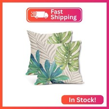Teal Green Gray Tropical Leaves Pillow Covers 20X20 Inch Monstera Palm Leaf Plan