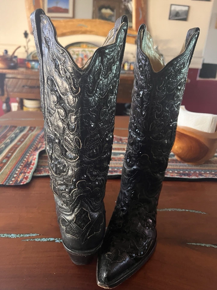 Botas Corral A1070 negras de cuero de cabra con incrustaciones de secuencia brillantes para mujer talla 9 M de EE. UU. Foto 2 de 4