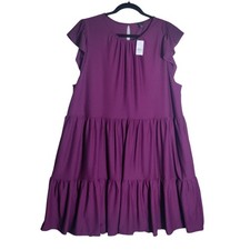 Ann Taylor Womens XL Plum Purple Tiered Flutter Sleeve Keyhole Shift Dress NEW