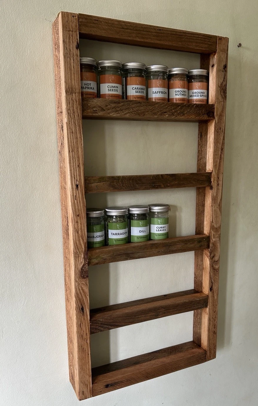 Extra large rustic Herb spice rack wall mounted 5 Tier Solid Wood Recycled Wood
Opens in a new windo