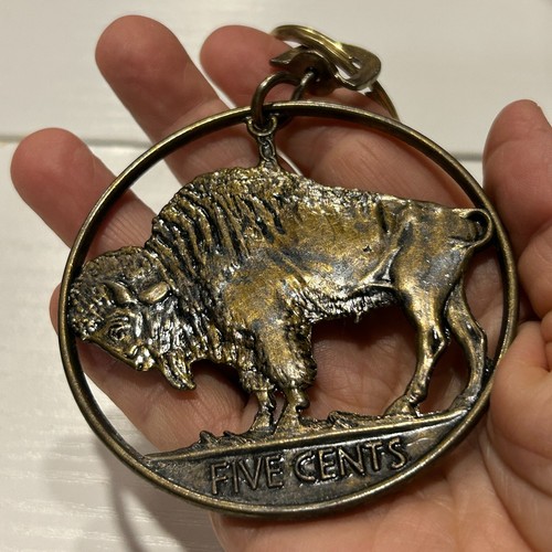Pierced Buffalo Nickel Coin Keyring Jumbo 3" 1990s Copper Color Metal - Picture 6 of 6
