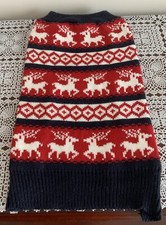Reindeer Themed Dog Sweater Red White Navy Blue Medium Warm Winter Wear Bright