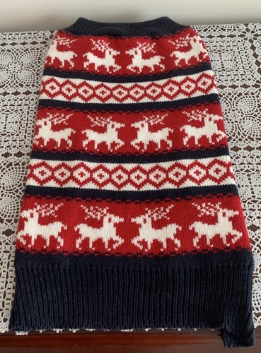 Reindeer Themed Dog Sweater Red White Navy Blue Medium Warm Winter Wear Bright