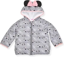 Disney Girl's Minnie Mouse Print Hooded Puffer Jacket with Ears and Bow SIZE 4