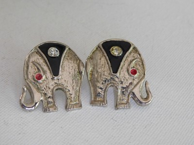 Silver Black Red Clear Rhinestone Elephant Earrings Signed 1995 BG Pierced Stud