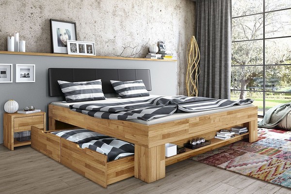 Bett Futonbett Wildeiche Massiv Holz GeöLt Kopfteil Gepolstert Schlafzimmer Sabi-image