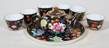 CHINESE 9 PC HAND PAINTED BLACK MILLE FLUER PATTERN MINI TEA SET W/ ROUND TRAY
