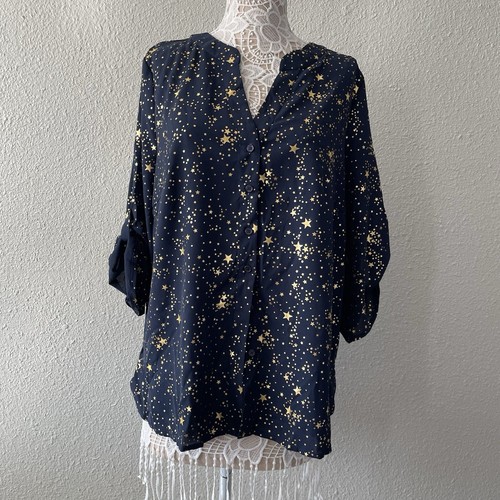 Bloomchic Size 14-16 Blue Metallic Gold Starry Stars Whimsy Split Neck Blouse