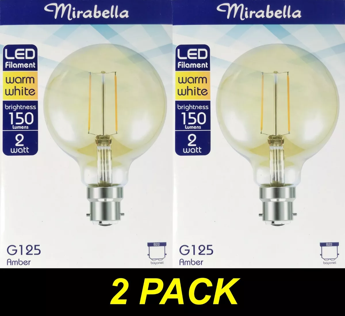 2 x 2W LED Amber Vintage Filament Light Globes Bulbs B22 Bayonet G125 Sphere