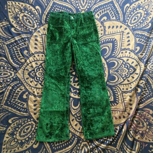 Vintage 70s Forest Green Velvet Flare Bell Bottom… - image 1