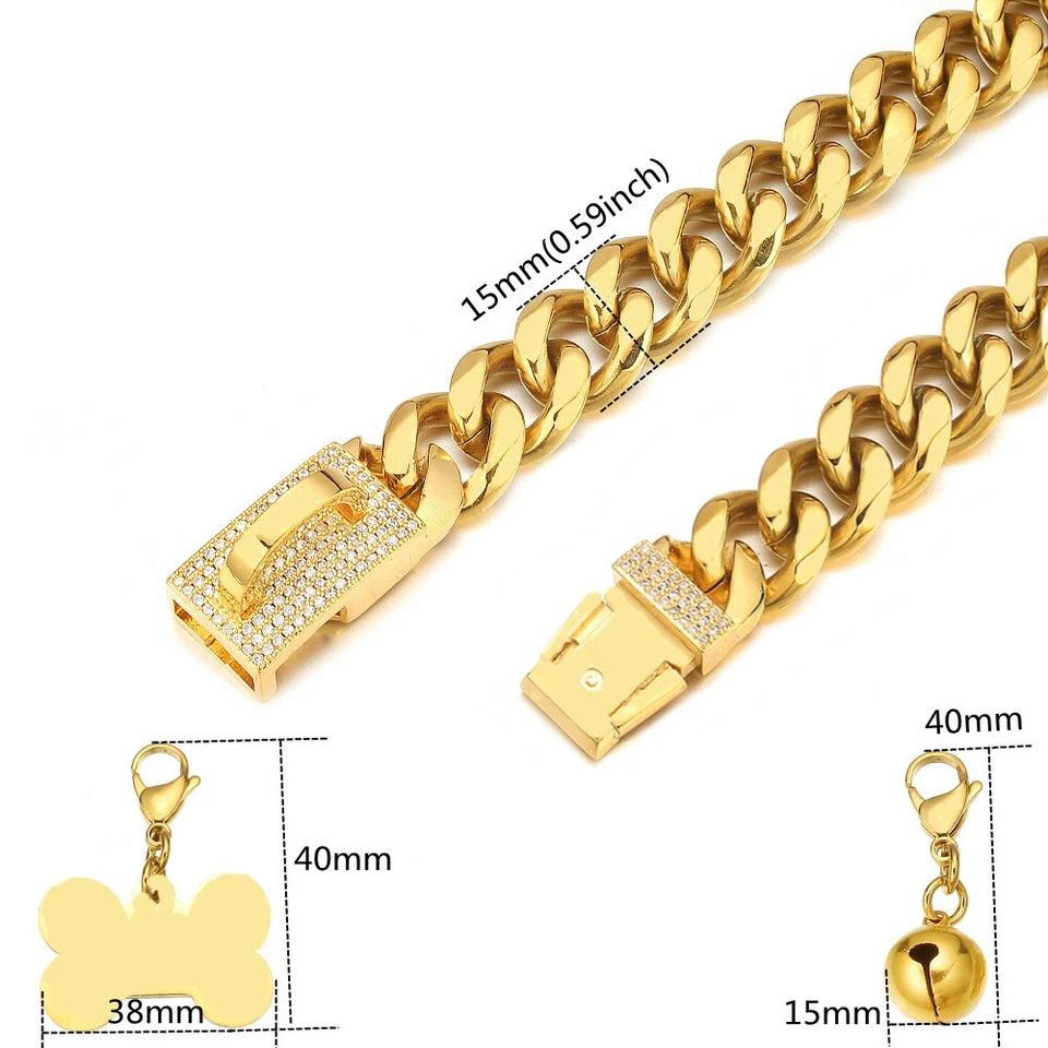 Collar de cadena para perro enchapado en oro 15/19 mm collar de cadena de eslabones cubanos bling collar para mascotas Foto 2 de 4