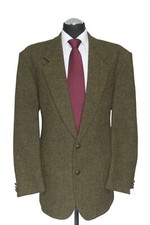 Harris Tweed Jacket Coat 52 Green Olive Single Breasted 2 Button Leather Buttons Like New