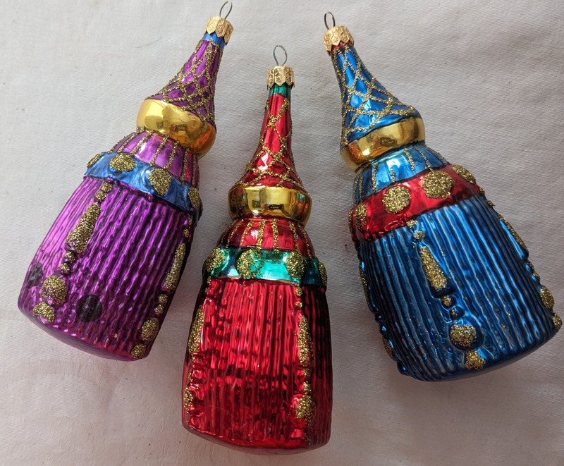 Vintage POLAND Glass 3 Christmas Ornaments  Figural Tassel Glitter 5 1/2" Good