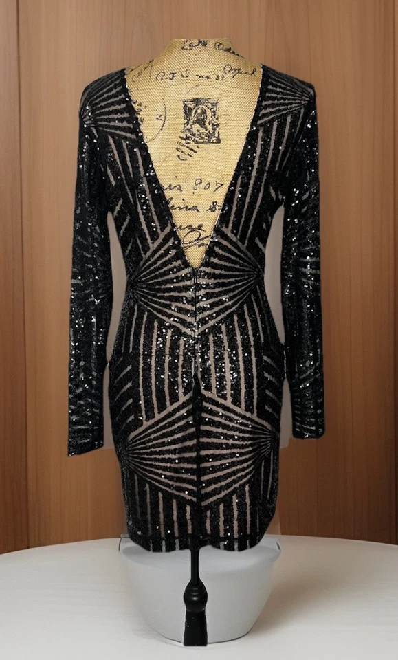 Adelyn Rae Negro Encaje Malla L Desnudo Forrado Manga Larga Cóctel Fiesta Mardi Gra Foto 2 de 4