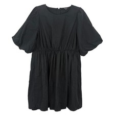 MADEWELL Poplin Crewneck Bubble-Sleeve Mini Dress 12 Black Gather Waist NWT B48