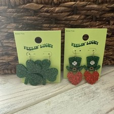 2 Pair Four Leaf Clover and Leprechaun Earrings Feelin' Lucky. St Patrick  s Day