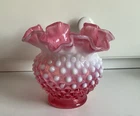 Fenton Pink Cranberry hobnail Opalescent 4 1/2" Double Crimped Vase Vintage