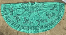 Vtg 50’s Carousel Horse Flocked Novelty Print Circle Skirt Green Cotton 