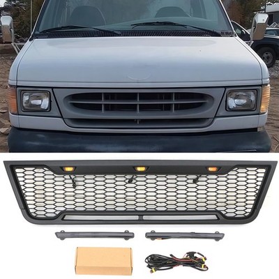 Front Grille Fit For FORD E150 E250 E350 E450 VAN 1998-2002 Black W/Light Bar