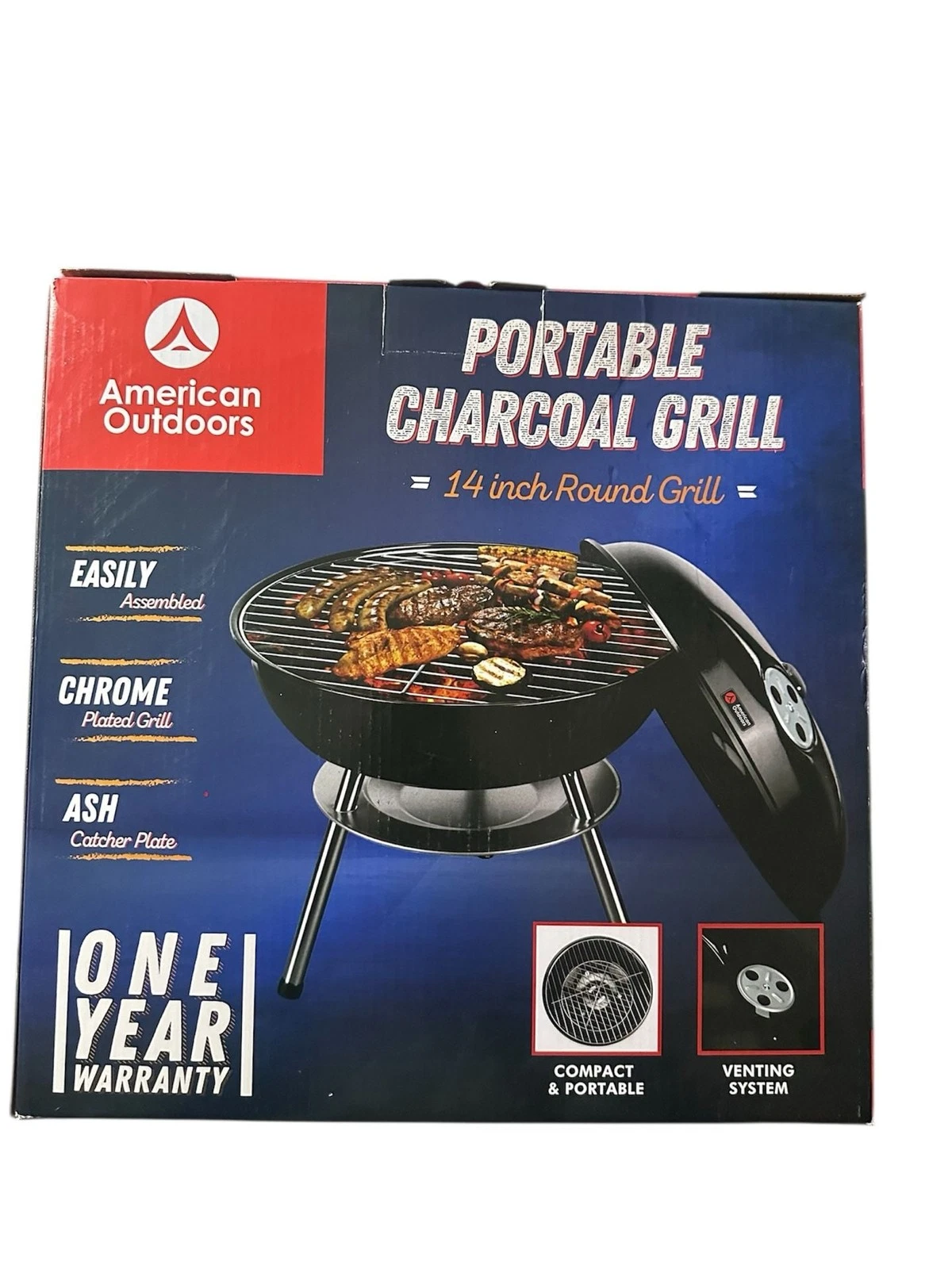 American Outdoors 14-Inch Round Portable Charcoal Grill with Ash Catcher