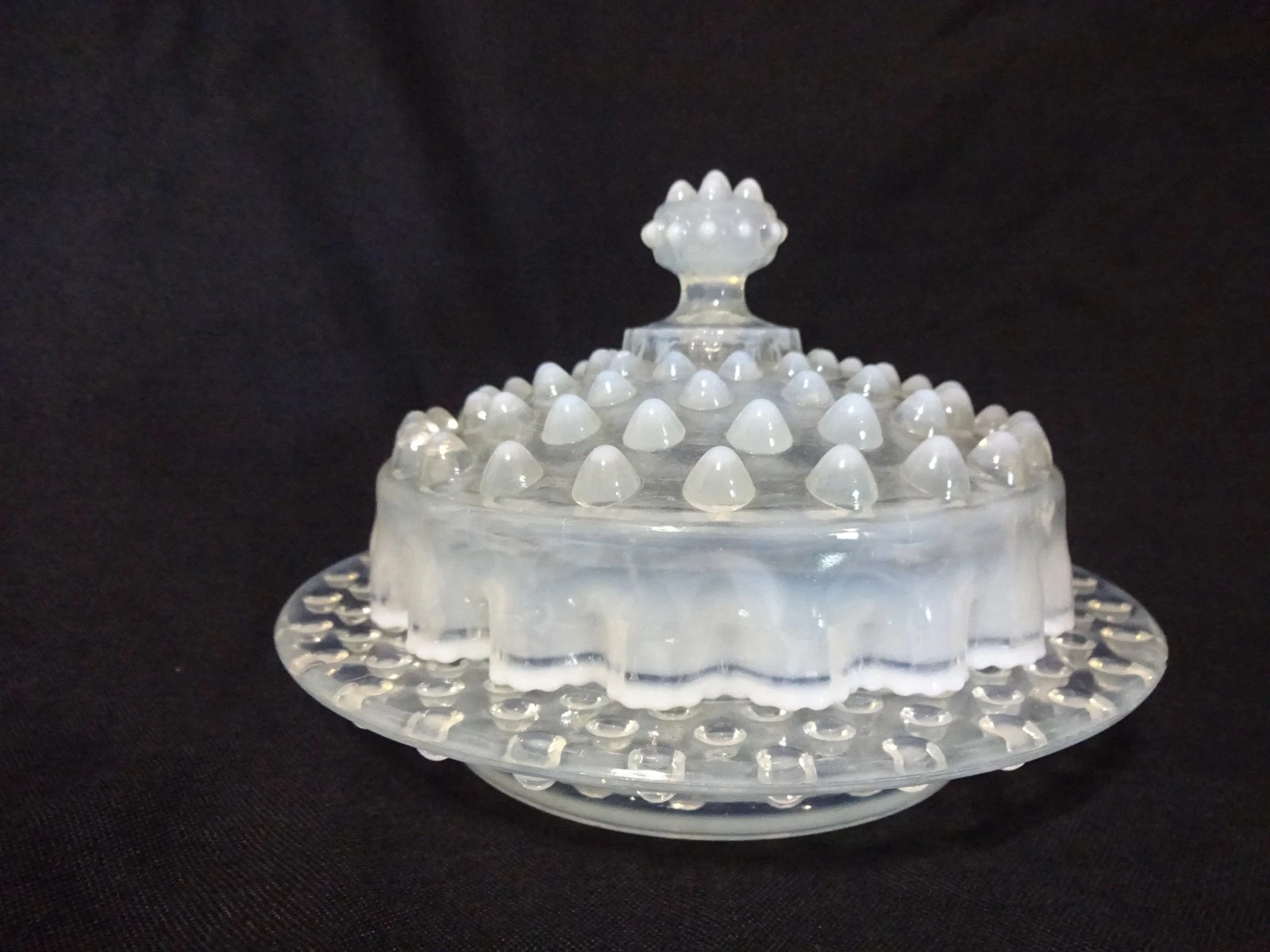 EAPG Elson Glass Dewdrop Ruffled Edge Hobnail Opalescent Butter Cheese Dish
Opens in a new window or