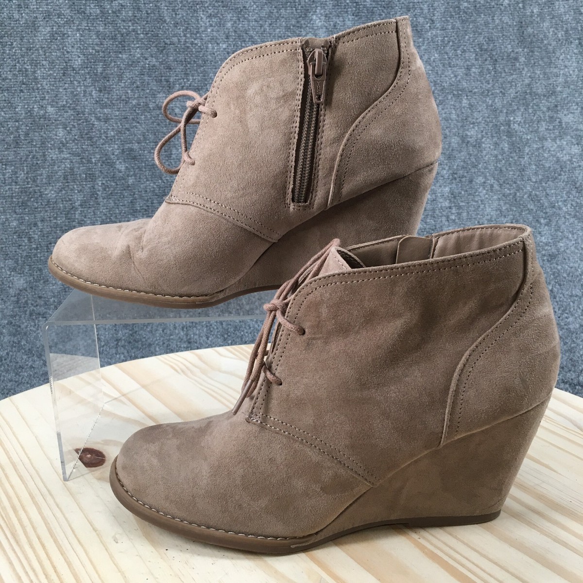 Universal Thread Boots Womens Ankle Booties Wedge 17730 Beige Fabric  Lace Up