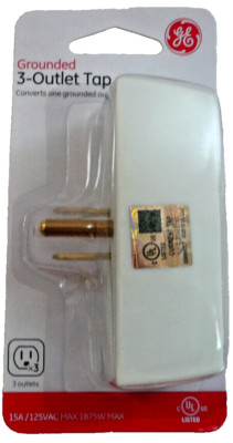 GE Grounded 3-Outlet Tap White Adapter Plug 52203 3 Prong Free Shipping
