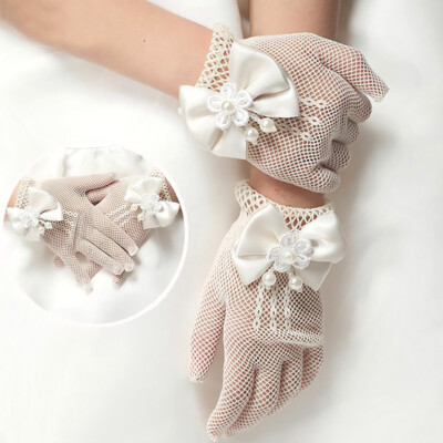 4-15 Years Girls White Lace Gloves Faux Pearl Fishnet Wedding