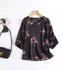 Women T-shirt 93 Mulberry Silk Short sleeve Floral Printed Top Shirt Blouse