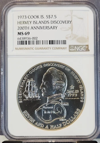 1973 COOK ISLANDS SILVER 7.5 DOLLARS JAMES COOK HERVEY ISLANDS NGC MS 69 TOP POP